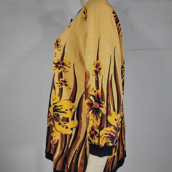 Bob Mackie yellow orange brown floral button front cardigan sweater ladies Large - Picture 5 of 7